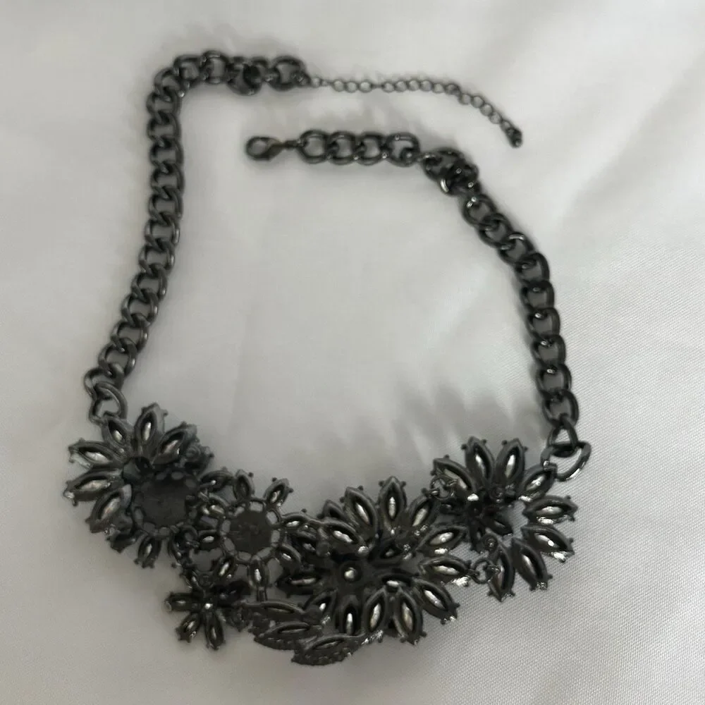 Joan Rivers Statement Necklace Rhinestone Blue Flowers Gunmetal Chain with Clasp